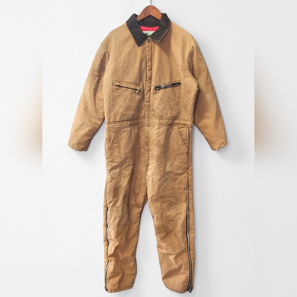 Vintage Key Insulated Coveralls Tan Canvas Mens L USA Workwear Cold Weather